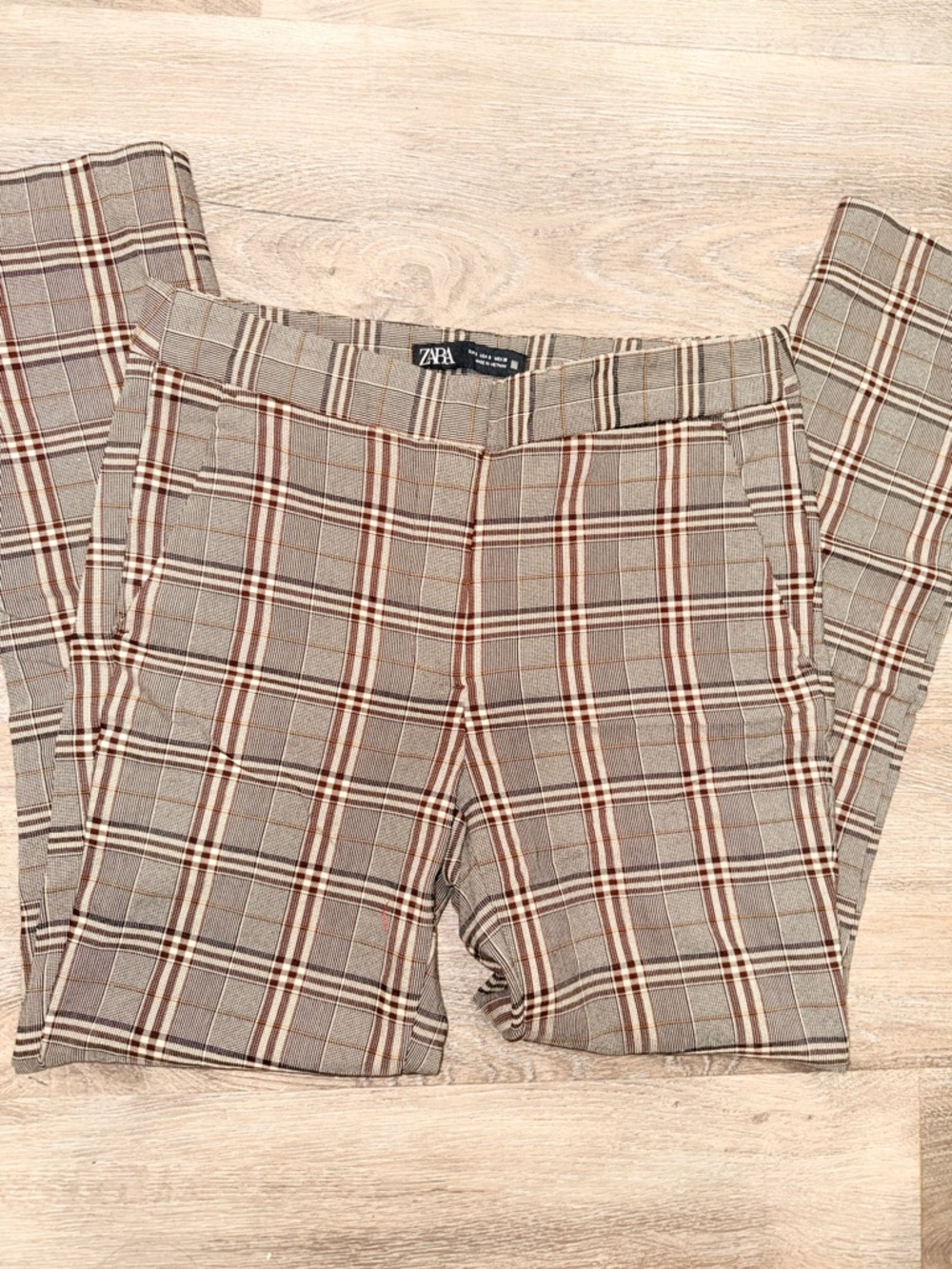 Zara Plaid Slim Trousers in Taupe, Rust and Cream